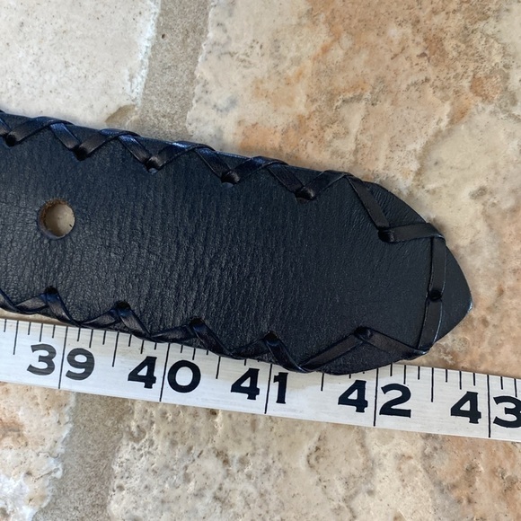 WOMEN'S GENUINE LEATHER BLACK BELT braided edges, brass like Buckle soft Size L - Picture 7 of 11